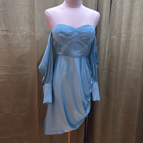 Retrofete silk Elegant Blue Off-Shoulder Dress, S - Picture 5 of 15